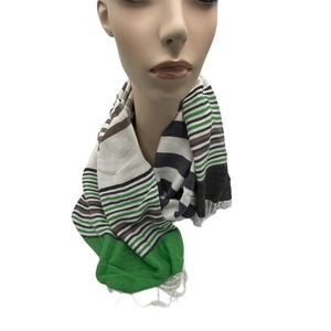 GRAY GREEN WHITE STRIPED SCARF FRINGE WRAP 70X28